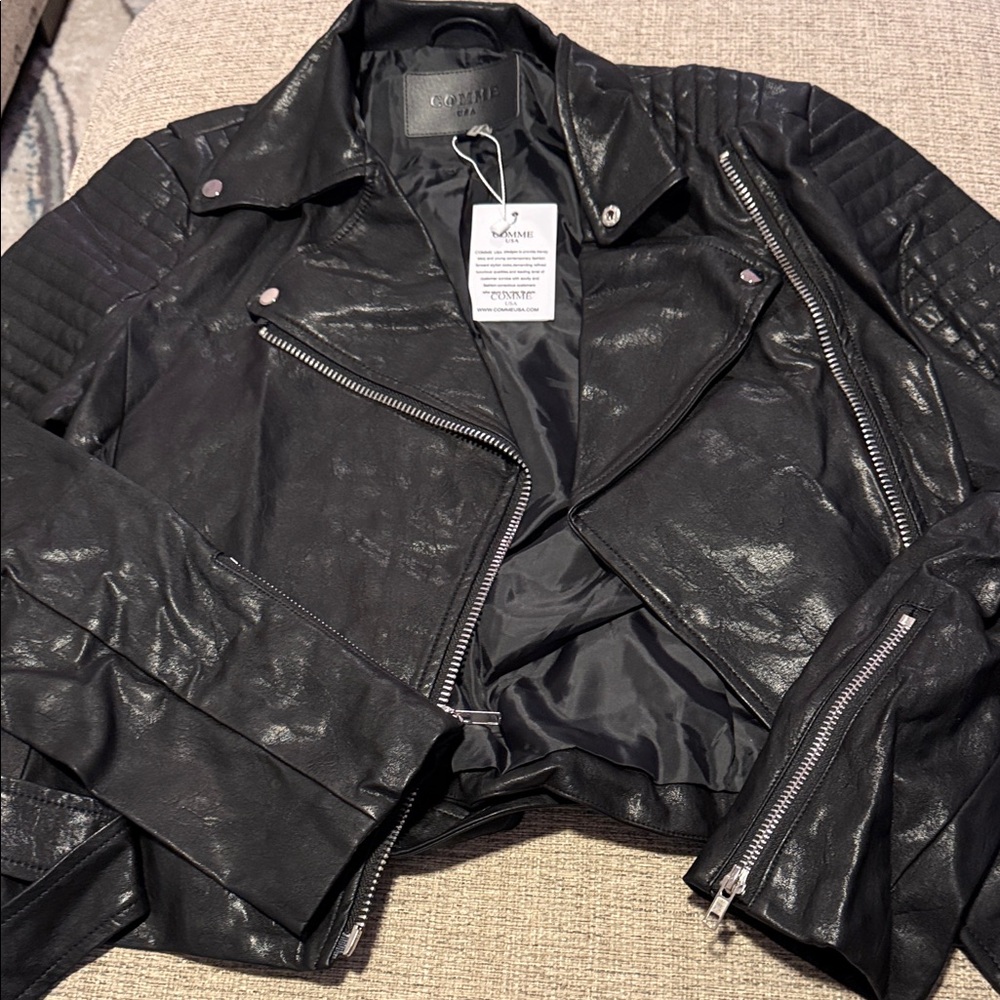 Womens Comme USA Black Zip Up Jacket Vegan Leather NWT